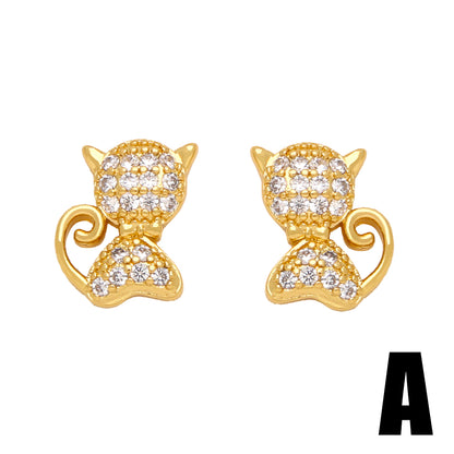 1 Pair Cute Sweet Hippocampus Bear Cat Plating Inlay Copper Zircon 18k Gold Plated Ear Studs