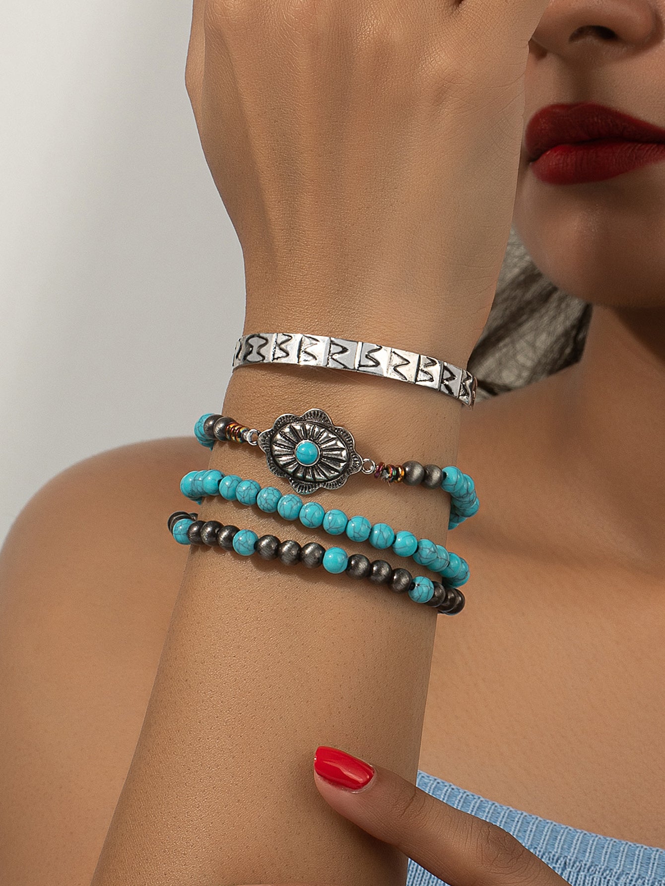 Retro Ethnic Style Round Beaded Alloy Beaded Turquoise Women's Bangle