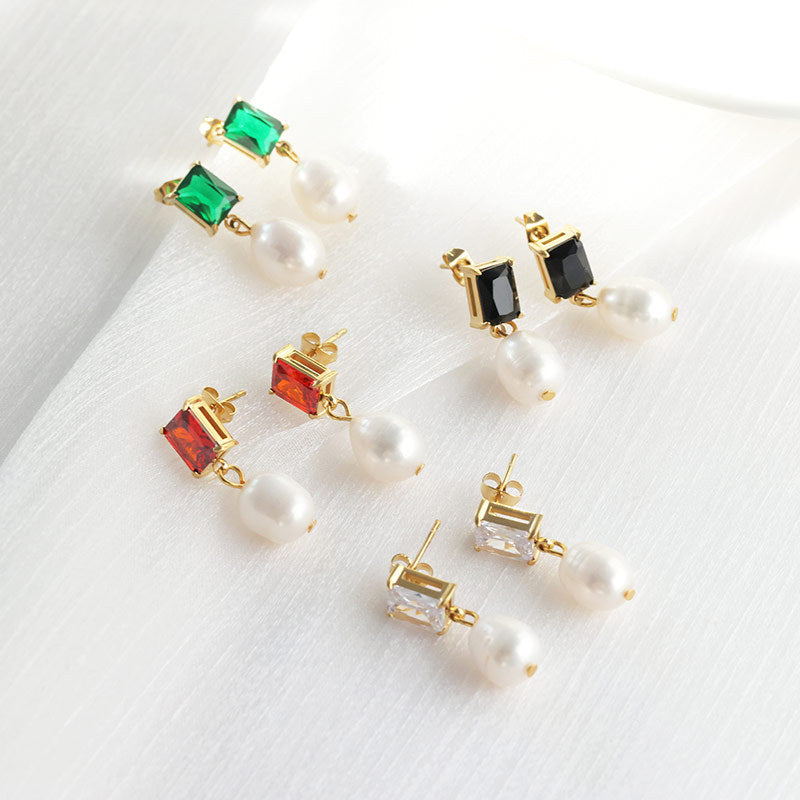 1 Pair Simple Style Square Plating Inlay Stainless Steel Pearl Zircon 14k Gold Plated Drop Earrings