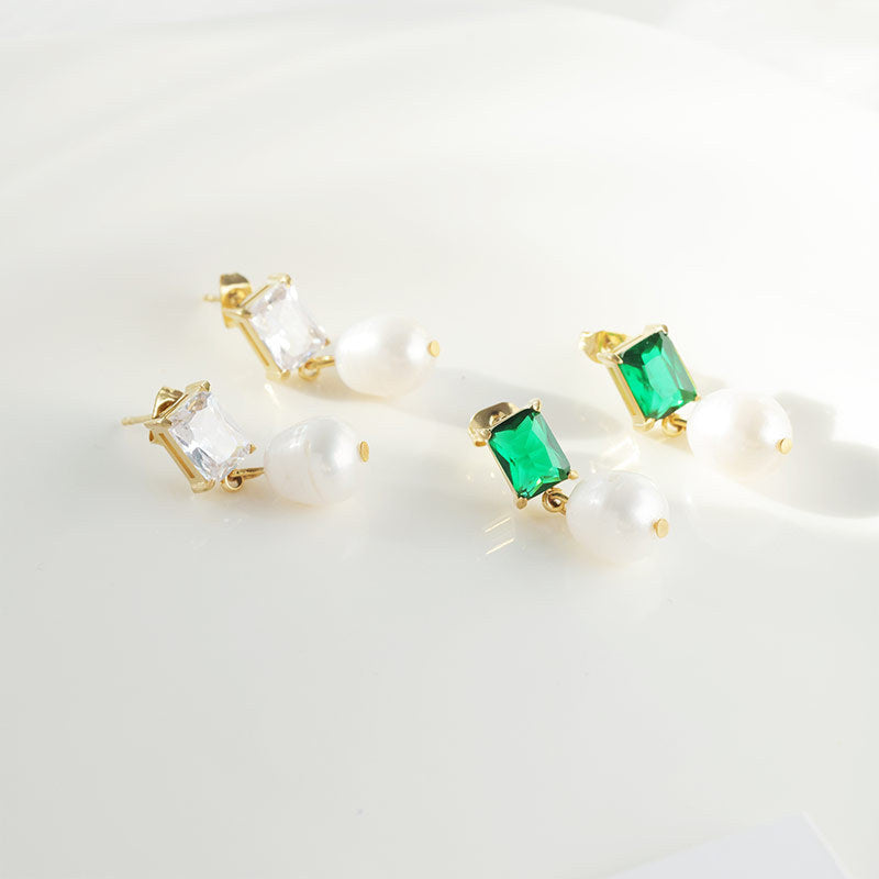 1 Pair Simple Style Square Plating Inlay Stainless Steel Pearl Zircon 14k Gold Plated Drop Earrings