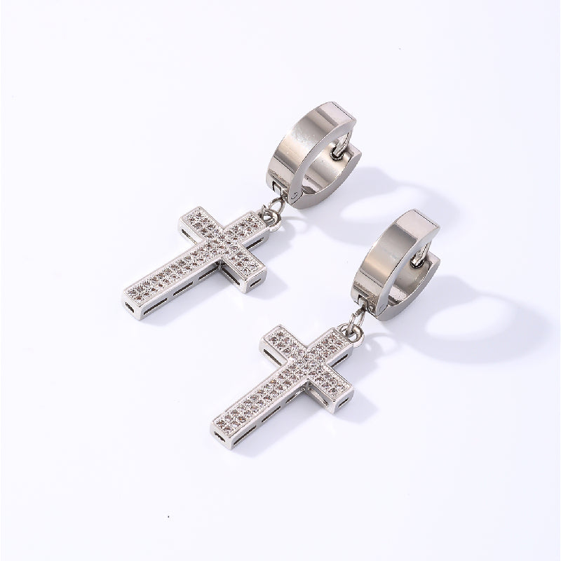 1 Pair Hip-hop Rock Cross Key Plating Inlay Stainless Steel Zircon Silver Plated Drop Earrings