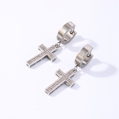 1 Pair Hip-hop Rock Cross Key Plating Inlay Stainless Steel Zircon Silver Plated Drop Earrings