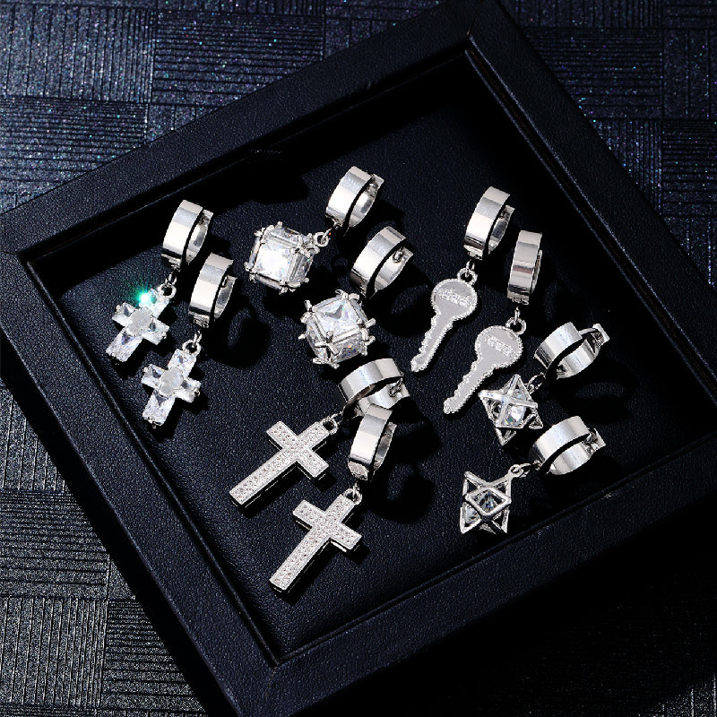 1 Pair Hip-hop Rock Cross Key Plating Inlay Stainless Steel Zircon Silver Plated Drop Earrings