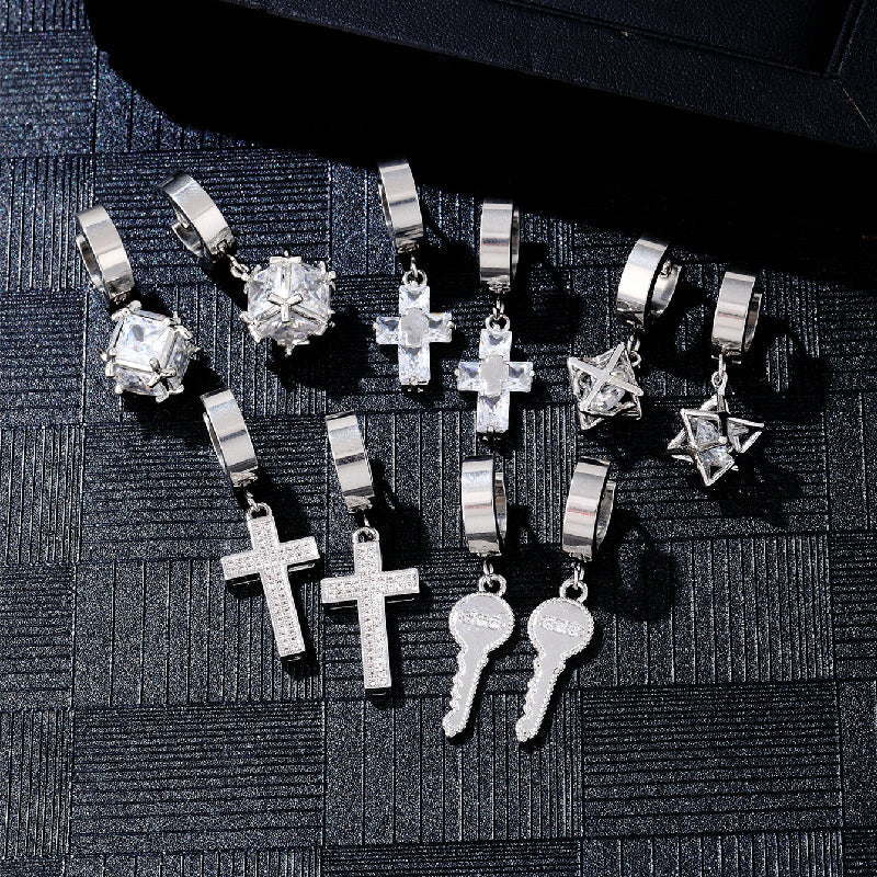 1 Pair Hip-hop Rock Cross Key Plating Inlay Stainless Steel Zircon Silver Plated Drop Earrings