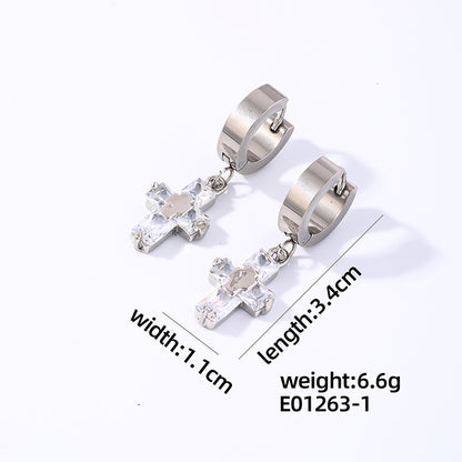 1 Pair Hip-hop Rock Cross Key Plating Inlay Stainless Steel Zircon Silver Plated Drop Earrings