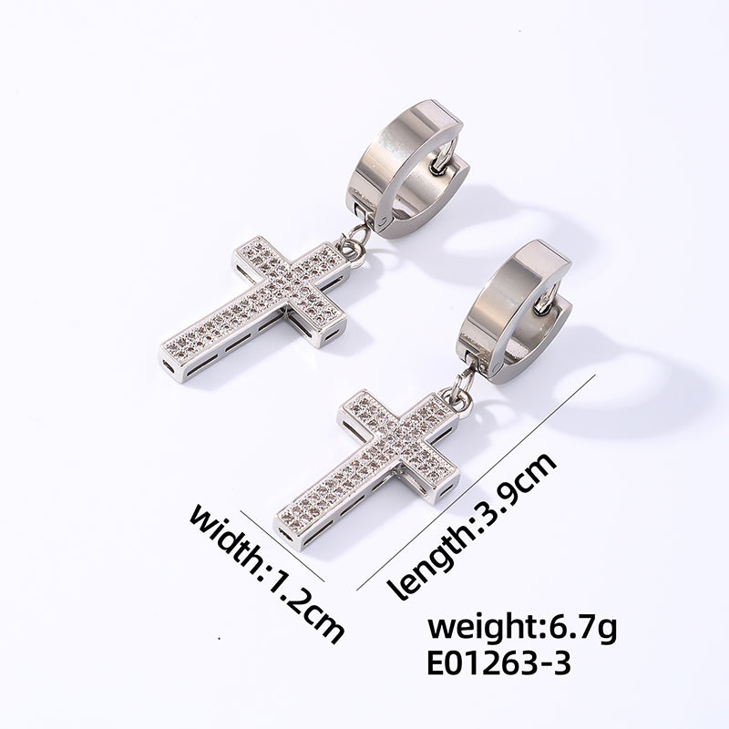 1 Pair Hip-hop Rock Cross Key Plating Inlay Stainless Steel Zircon Silver Plated Drop Earrings