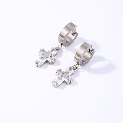 1 Pair Hip-hop Rock Cross Key Plating Inlay Stainless Steel Zircon Silver Plated Drop Earrings