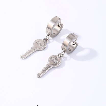 1 Pair Hip-hop Rock Cross Key Plating Inlay Stainless Steel Zircon Silver Plated Drop Earrings