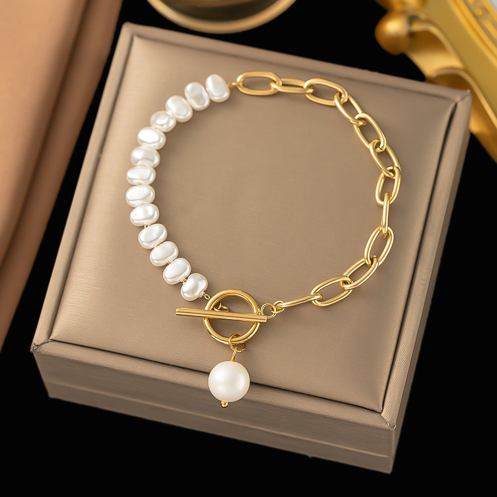 Simple Style Color Block Artificial Pearl Titanium Steel Beaded Plating 18k Gold Plated Women's Bracelets