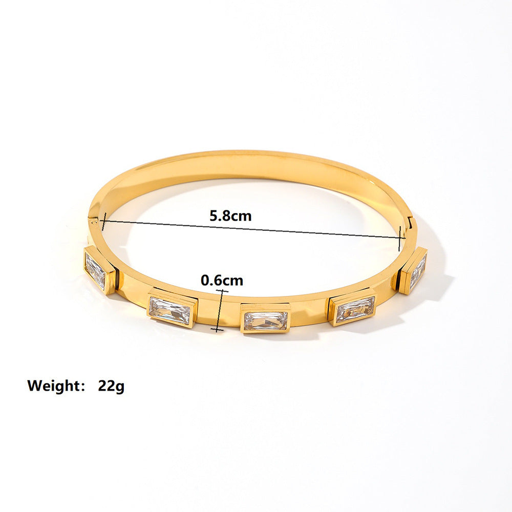 Ig Style Rectangle Titanium Steel Plating Inlay Zircon 18k Gold Plated Bangle