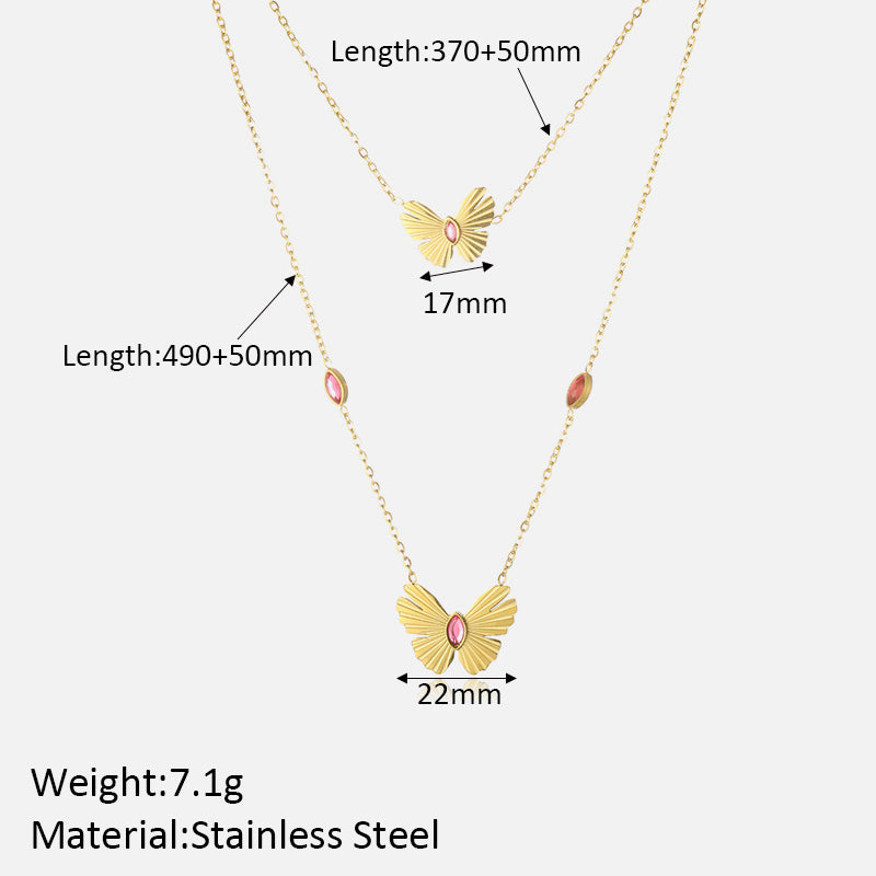 Simple Style Butterfly Stainless Steel Plating Inlay Artificial Rhinestones 18k Gold Plated Double Layer Necklaces