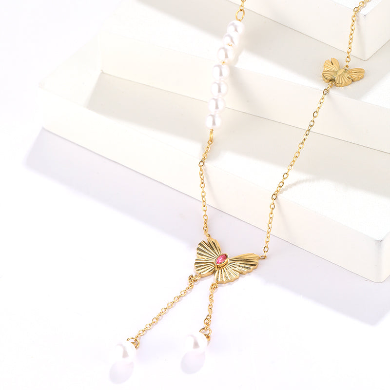 Simple Style Classic Style Butterfly Stainless Steel Plating Inlay Artificial Rhinestones 18k Gold Plated Double Layer Necklaces