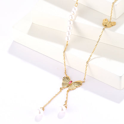 Simple Style Classic Style Butterfly Stainless Steel Plating Inlay Artificial Rhinestones 18k Gold Plated Double Layer Necklaces