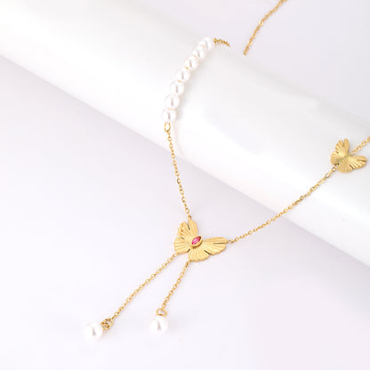 Simple Style Classic Style Butterfly Stainless Steel Plating Inlay Artificial Rhinestones 18k Gold Plated Double Layer Necklaces