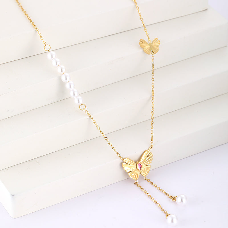 Simple Style Classic Style Butterfly Stainless Steel Plating Inlay Artificial Rhinestones 18k Gold Plated Double Layer Necklaces