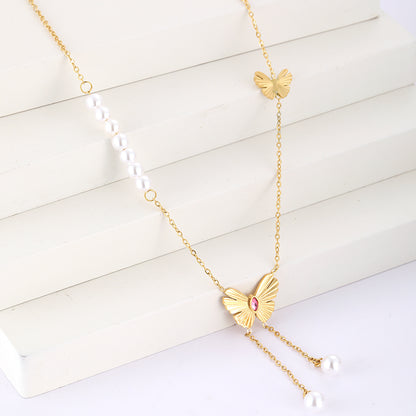 Simple Style Classic Style Butterfly Stainless Steel Plating Inlay Artificial Rhinestones 18k Gold Plated Double Layer Necklaces