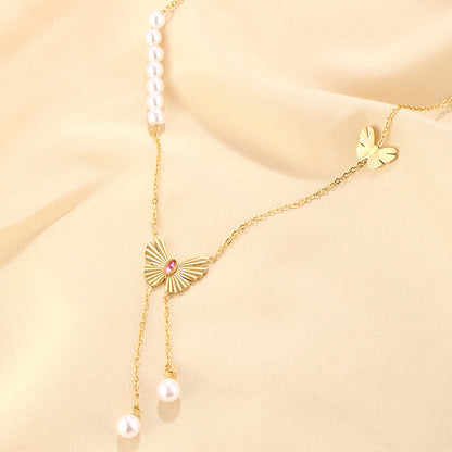 Simple Style Classic Style Butterfly Stainless Steel Plating Inlay Artificial Rhinestones 18k Gold Plated Double Layer Necklaces