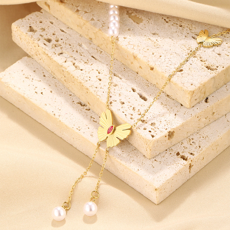 Simple Style Classic Style Butterfly Stainless Steel Plating Inlay Artificial Rhinestones 18k Gold Plated Double Layer Necklaces