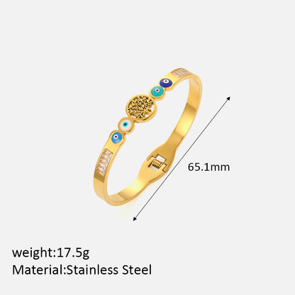 Simple Style Commute Bc1035 Lucky Tree Stainless Steel Inlay Artificial Gemstones Bangle