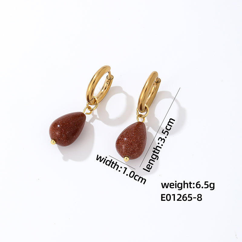 1 Pair Casual Simple Style Water Droplets Plating Stainless Steel Natural Stone Gold Plated Drop Earrings