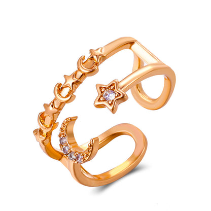 European And American Fashion Ladies Ring Three-layer Hollow Star Moon Ring Personalized Diamond Pentagram Opening Ring