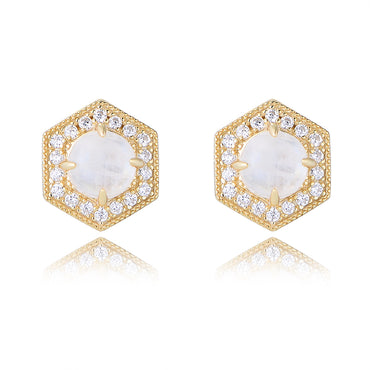 1 Pair Simple Style Hexagon Plating Inlay Sterling Silver Natural Stone Rhinestones 14k Gold Plated Ear Studs