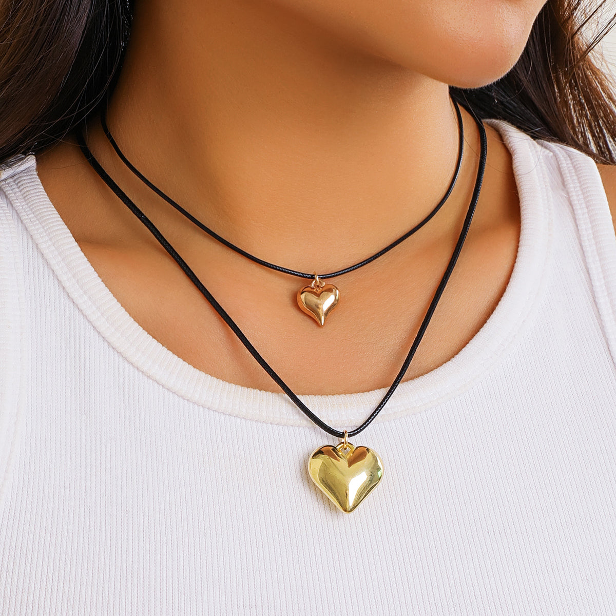 Simple Style Heart Shape Alloy Leather Wax Line Layered Three-dimensional Women's Pendant Necklace