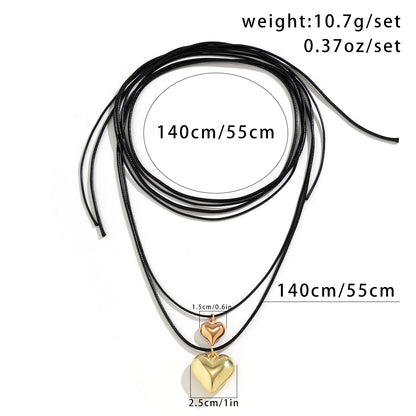 Simple Style Heart Shape Alloy Leather Wax Line Layered Three-dimensional Women's Pendant Necklace