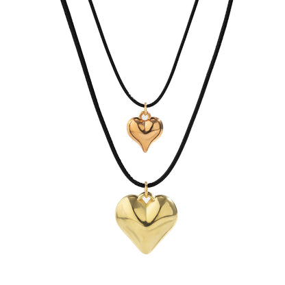 Simple Style Heart Shape Alloy Leather Wax Line Layered Three-dimensional Women's Pendant Necklace