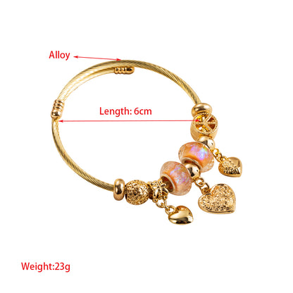 Elegant Heart Shape Stainless Steel Alloy Beaded Hollow Out Carving Women's Bangle