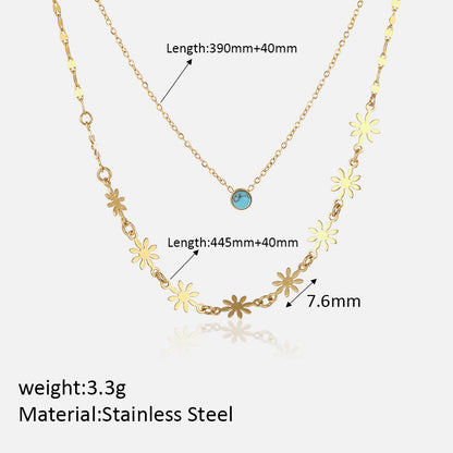 Hip-hop Cool Style Flower Stainless Steel Plating Inlay Turquoise 18k Gold Plated Double Layer Necklaces