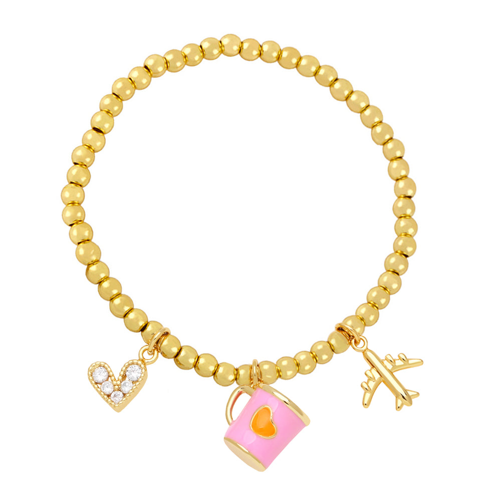 Ig Style Fashion Sweet Cup Heart Shape Airplane Copper Beaded Inlay Zircon Bracelets