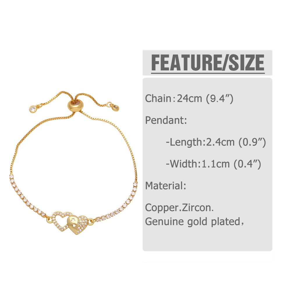 Fashion Simple Style Round Heart Shape Copper Plating Inlay Zircon 18k Gold Plated Bracelets