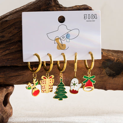 1 Set Sweet Christmas Tree Santa Claus Snowman Enamel Hollow Out Stainless Steel 14k Gold Plated Drop Earrings
