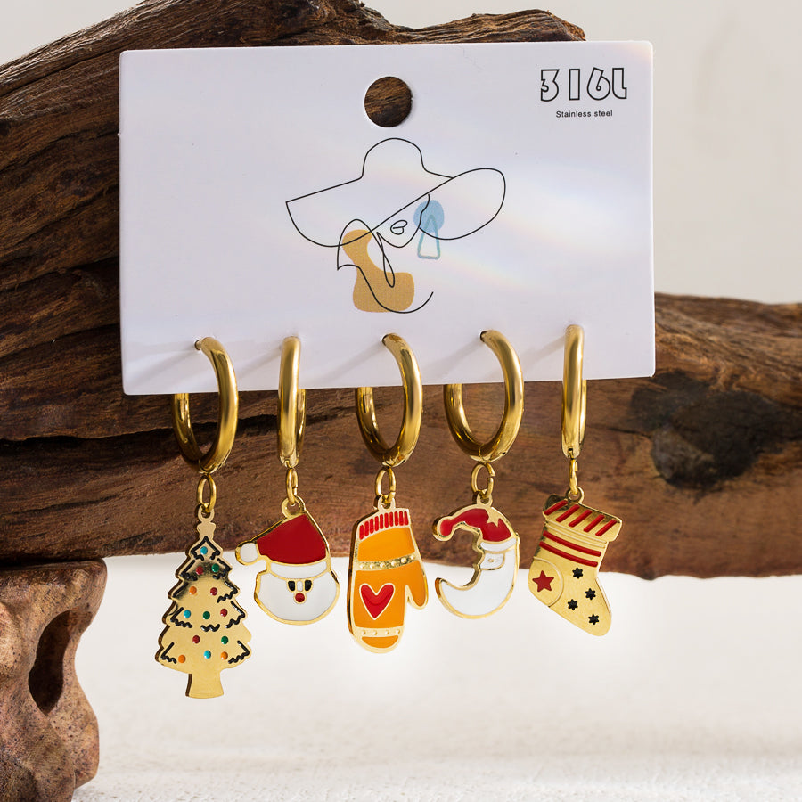 1 Set Sweet Christmas Tree Santa Claus Snowman Enamel Hollow Out Stainless Steel 14k Gold Plated Drop Earrings