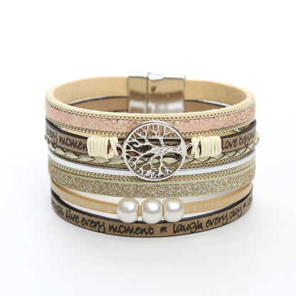 British Style Bc1035 Lucky Tree Magnetic Buckle Pearl Leather Patchwork Women's Bangle