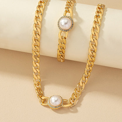 Retro Roman Style Geometric Pearl Zircon Alloy Wholesale Bracelets Necklace