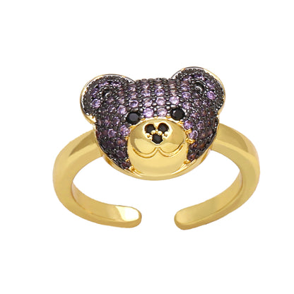 Ig Style Cute Bear Copper Plating Inlay Zircon 18k Gold Plated Open Rings