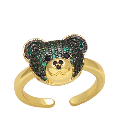 Ig Style Cute Bear Copper Plating Inlay Zircon 18k Gold Plated Open Rings