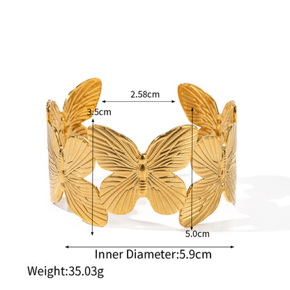 Vintage Style Leaves Flower Butterfly Stainless Steel Asymmetrical 16k Gold Plated Bangle