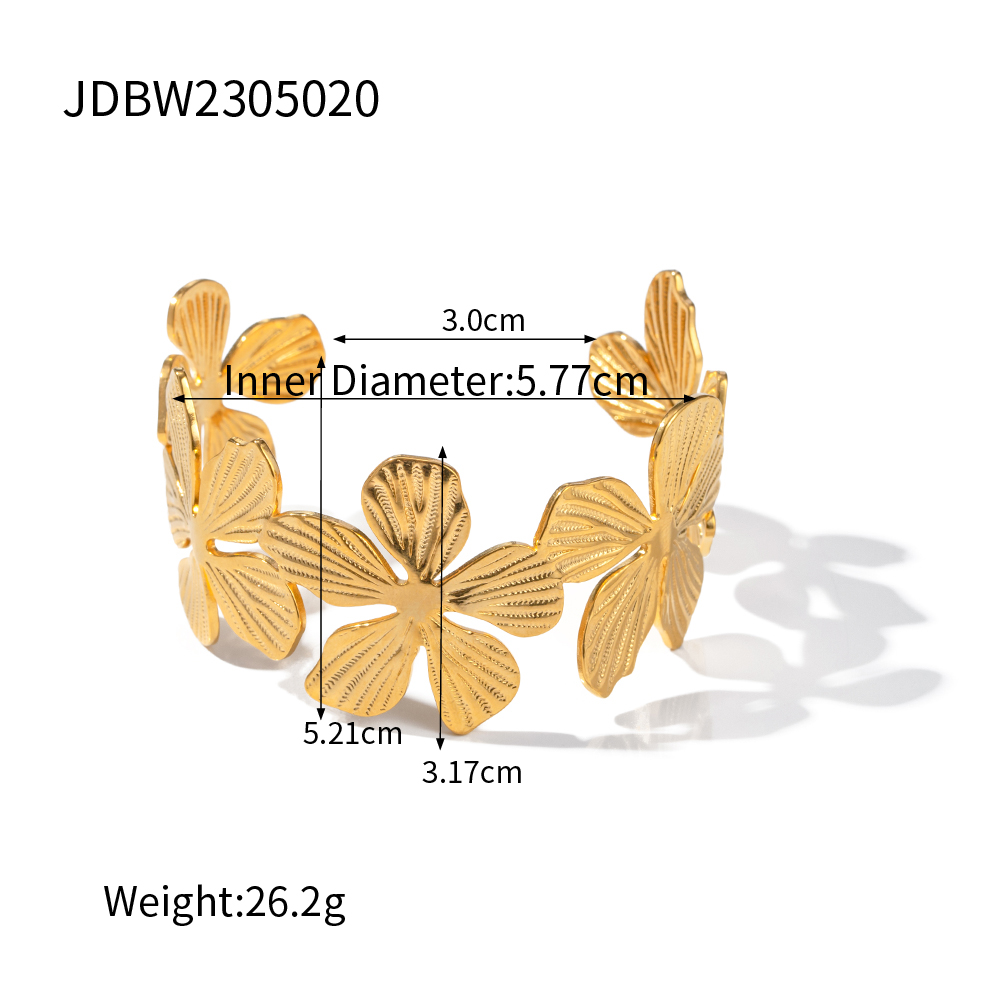 Vintage Style Leaves Flower Butterfly Stainless Steel Asymmetrical 16k Gold Plated Bangle