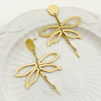 1 Pair Elegant Classical Sweet Dragonfly Plating Stainless Steel Gold Plated Drop Earrings