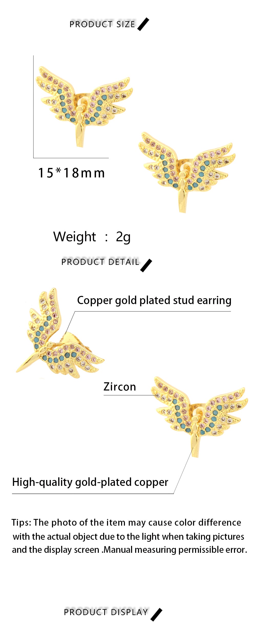 1 Pair Retro Simple Style Angel Wings Plating Inlay Copper Zircon 18k Gold Plated Ear Studs