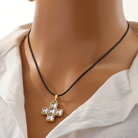 Retro Cool Style Cross Alloy Leather Rope Inlay Glass Women's Pendant Necklace