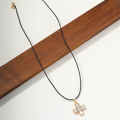 Retro Cool Style Cross Alloy Leather Rope Inlay Glass Women's Pendant Necklace