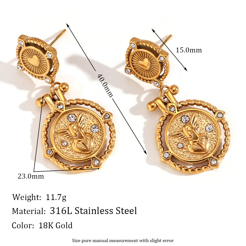 1 Pair Casual Simple Style Angel Heart Shape Plating Inlay Stainless Steel Rhinestones 18k Gold Plated Drop Earrings