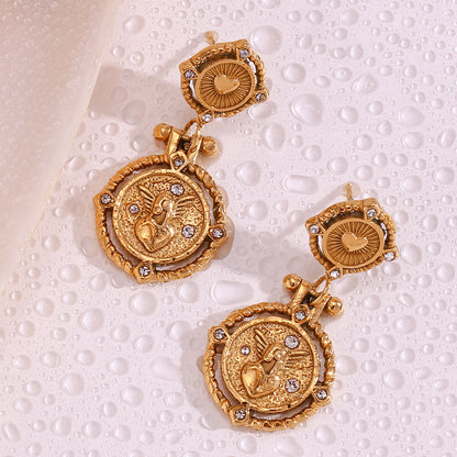 1 Pair Casual Simple Style Angel Heart Shape Plating Inlay Stainless Steel Rhinestones 18k Gold Plated Drop Earrings