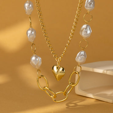 Hip-hop Sweet Heart Shape Imitation Pearl Layered Plating Women's Layered Necklaces