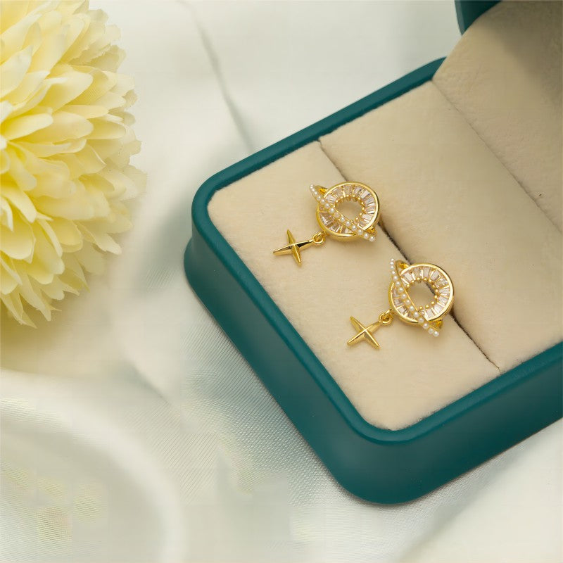 Wholesale Jewelry Luxurious Romantic Sweet Star Moon Copper Alloy Artificial Pearls Zircon 18k Gold Plated Plating Hollow Out Inlay Drop Earrings