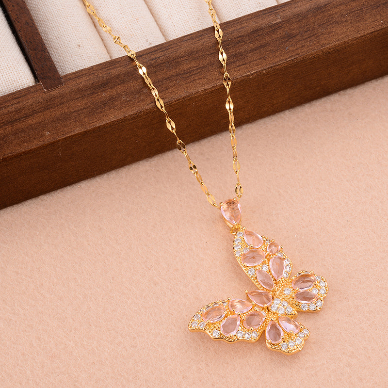 Ig Style Sweet Butterfly Copper Plating Inlay Zircon Pendant Necklace